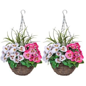 Greenbrokers 2 X Artificial Pink & White Pansy Hanging Baskets Round Rattan 25cm Greenbrokers 2 X Artificial Pink & White Pansy Hanging Baskets Round Rattan 25cm