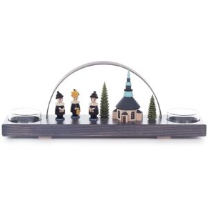 Erzgebirgische Volkskunst Drechslerei Schalling Colorful Tea Light Arch + Seiffen Church And Carolers Black 27x10x5.5cm New Erzgebirgische Volkskunst Drechslerei Schalling Colorful Tea Light Arch + Seiffen Church And Carolers Black 27x10x5.5cm New
