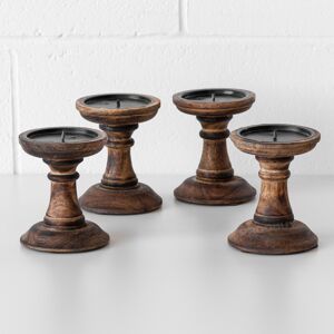 Set Of 4 Short Wooden Pillar Candle Holders Rustic 13cm Dark Brown Shelf Table Set Of 4 Short Wooden Pillar Candle Holders Rustic 13cm Dark Brown Shelf Table