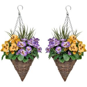 Greenbrokers 2 X Artificial Cone Hanging Baskets Purple & Yellow Flowers 25cm Greenbrokers 2 X Artificial Cone Hanging Baskets Purple & Yellow Flowers 25cm