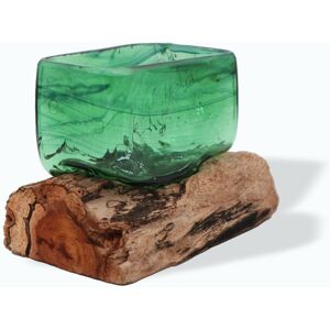 Ancient Wisdom Square Molten Glass Bowl On Natural Root Wood Base - Stand Decor Ornament Ancient Wisdom Square Molten Glass Bowl On Natural Root Wood Base - Stand Decor Ornament