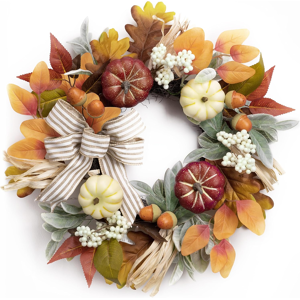 Branded 18 Inch Autumn Wreath For Front Door, Fall Wreath Decorations With Orange White Branded 18 Inch Autumn Wreath For Front Door, Fall Wreath Decorations With Orange White