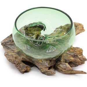 Ancient Wisdom Large Molten Glass Round Bowl On Natural Root Wood Base - Stand Decor Ornament Ancient Wisdom Large Molten Glass Round Bowl On Natural Root Wood Base - Stand Decor Ornament