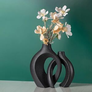 Vzmiza Hollow Black Ceramic Vase Set Of 2 - Decorative Nordic Modern Boho Style Donut Vzmiza Hollow Black Ceramic Vase Set Of 2 - Decorative Nordic Modern Boho Style Donut