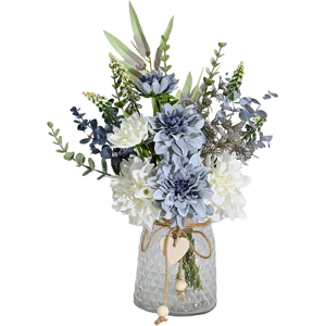 Branded Artificial Flowers With Vase, Faux Dahlia Flower Arrangement In Glass Vase, Blue Branded Artificial Flowers With Vase, Faux Dahlia Flower Arrangement In Glass Vase, Blue