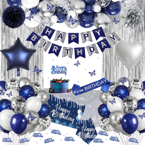 Does Not Apply Navy Blue And Silver Birthday Party Decorations With Happy Birthday Banner, Late Does Not Apply Navy Blue And Silver Birthday Party Decorations With Happy Birthday Banner, Late