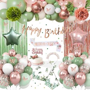 Sage Green And Rose Gold Birthday Decorations With Happy Birthday Banner, Latex Sage Green And Rose Gold Birthday Decorations With Happy Birthday Banner, Latex