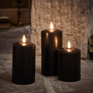 Branded Set Of 3 Truglow® Battery Operated Led Flameless Pillar Candles With Timer Black Branded Set Of 3 Truglow® Battery Operated Led Flameless Pillar Candles With Timer Black