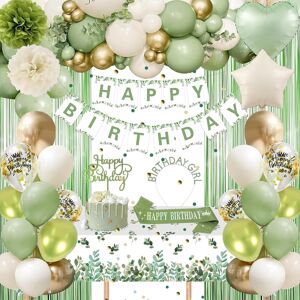Sage Green Birthday Decorations Set, Happy Birthday Banner, Balloons, Fringe Cur Sage Green Birthday Decorations Set, Happy Birthday Banner, Balloons, Fringe Cur