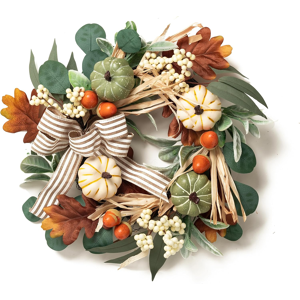 Branded 18 Inch Autumn Wreath For Front Door, Fall Wreath Decorations With White Green P Branded 18 Inch Autumn Wreath For Front Door, Fall Wreath Decorations With White Green P
