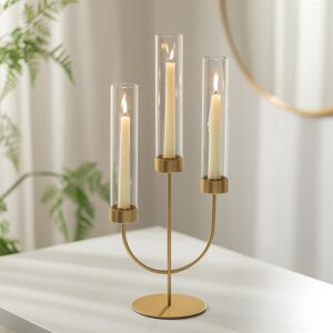 Sziqiqi Gold Candelabra Candle Holders: 3 Arm Candelabra Centrepiece With Glass Sziqiqi Gold Candelabra Candle Holders: 3 Arm Candelabra Centrepiece With Glass