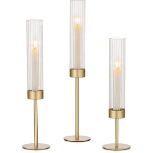 Hewory Fluted Candle Holder Ribbed: Set Of 3 Gold Hurricane Glass Candle Sticks Hewory Fluted Candle Holder Ribbed: Set Of 3 Gold Hurricane Glass Candle Sticks