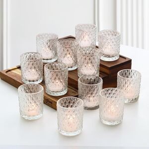 Geheimon Clear Glass Tealight Candle Holders Set Of 12, Diamond Embossed Votive Holders Geheimon Clear Glass Tealight Candle Holders Set Of 12, Diamond Embossed Votive Holders