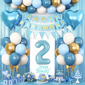Does Not Apply 2nd Birthday Decorations Blue White Gold, 25pcs Balloons, Banner, Fringe Curtain Does Not Apply 2nd Birthday Decorations Blue White Gold, 25pcs Balloons, Banner, Fringe Curtain