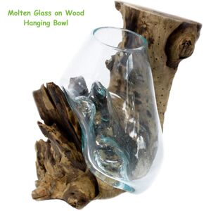 Ancient Wisdom Molten Glass Hanging Bowl On Rustic Teak Wood Root Planter Ornament Gift Vase Ancient Wisdom Molten Glass Hanging Bowl On Rustic Teak Wood Root Planter Ornament Gift Vase