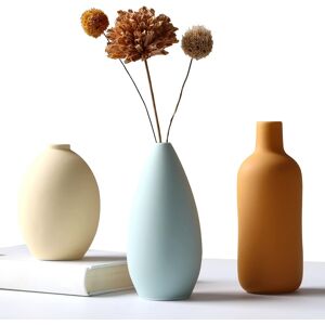 Abbittar Ceramic Vase Set Of 3, Minimalist Oval Vases In Light Yellow, Dark Blu Abbittar Ceramic Vase Set Of 3, Minimalist Oval Vases In Light Yellow, Dark Blu