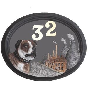 Black Country Metal Works Staffordshire Bull Terrier - Hand Painted House Sign / Plaque With Number Black Country Metal Works Staffordshire Bull Terrier - Hand Painted House Sign / Plaque With Number