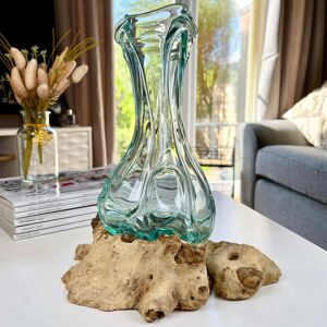 Darthome 24cm Crinkle Molten Glass Vase On Driftwood Stand Handmade Flower Holder Large Darthome 24cm Crinkle Molten Glass Vase On Driftwood Stand Handmade Flower Holder Large