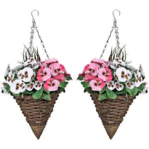 Greenbrokers 2 X Artificial Cone Hanging Baskets Pink & White Pansies 64cm Greenbrokers 2 X Artificial Cone Hanging Baskets Pink & White Pansies 64cm