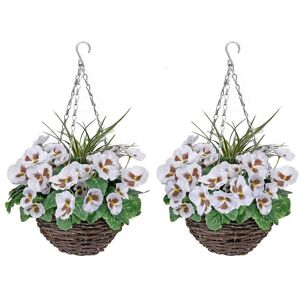 Greenbrokers 2 X Artificial White Pansy Hanging Baskets Round Rattan 52cm Greenbrokers 2 X Artificial White Pansy Hanging Baskets Round Rattan 52cm