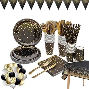 Does Not Apply 142 Pieces Black And Gold Party Supplies Set, Golden Dot Partys Dinnerware, Incl Does Not Apply 142 Pieces Black And Gold Party Supplies Set, Golden Dot Partys Dinnerware, Incl