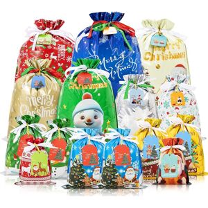 Christmas Drawstring Gift Bags With Tags, Smaluck 15pcs Xmas Wrapping Bags In 6 Christmas Drawstring Gift Bags With Tags, Smaluck 15pcs Xmas Wrapping Bags In 6