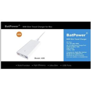Batpower 90w A90 Slim Travel Charger For Apple Mac Laptops Smartphones-White Batpower 90w A90 Slim Travel Charger For Apple Mac Laptops Smartphones-White