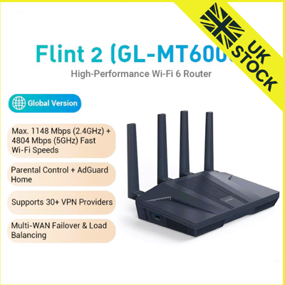 Gl.Inet Flint 2 (Gl-Mt6000) Home And Office Router, 8-Stream Wi-Fi 6 Technology Gl.Inet Flint 2 (Gl-Mt6000) Home And Office Router, 8-Stream Wi-Fi 6 Technology