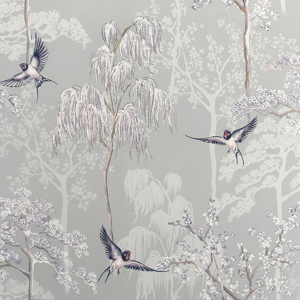 Does Not Apply Japanese Garden Grey Wallpaper - Hand Drawn Oriental Trees - Birds On A Soft Gre Does Not Apply Japanese Garden Grey Wallpaper - Hand Drawn Oriental Trees - Birds On A Soft Gre