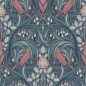 Et12222 - Arts And Crafts Bird Scroll Blue Coral Galerie Wallpaper Et12222 - Arts And Crafts Bird Scroll Blue Coral Galerie Wallpaper