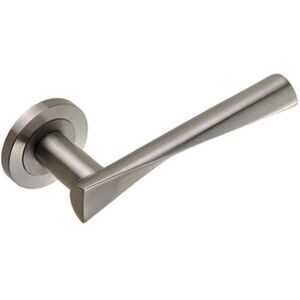 Thatcable Pair Angular Twisted Lever On Round Rose Concealed Fix Satin Stainless Steel Thatcable Pair Angular Twisted Lever On Round Rose Concealed Fix Satin Stainless Steel