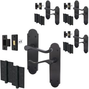 Matt Black Door Handle & Latch Set With Hinges 76mm, Victorian Scroll Shaped, X4 Matt Black Door Handle & Latch Set With Hinges 76mm, Victorian Scroll Shaped, X4