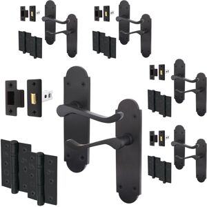 Matt Black Door Handle & Latch Set With Hinges 76mm, Victorian Scroll Shaped, X5 Matt Black Door Handle & Latch Set With Hinges 76mm, Victorian Scroll Shaped, X5