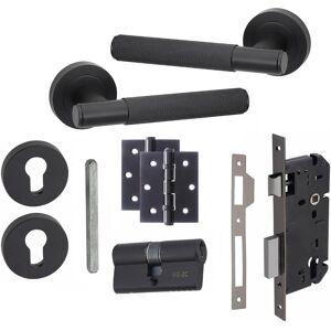 Golden Grace 1 Set Knurled T-Bar Euro Lock Door Handle Set 70mm Barrell Key Hinges Matt Black Golden Grace 1 Set Knurled T-Bar Euro Lock Door Handle Set 70mm Barrell Key Hinges Matt Black