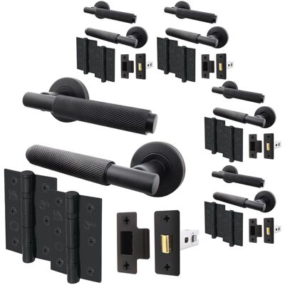 Black Knurled Door Handle Latch Set, Pack Of 5, Handles, Latch 64mm, Hinges 76mm Black Knurled Door Handle Latch Set, Pack Of 5, Handles, Latch 64mm, Hinges 76mm