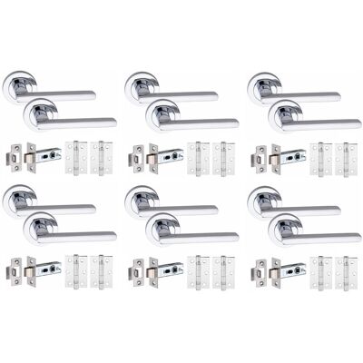 Golden Grace 6 Set Leon Door Handles Set Ball Bearing Hinges Latches Polished Chrome Finish Golden Grace 6 Set Leon Door Handles Set Ball Bearing Hinges Latches Polished Chrome Finish