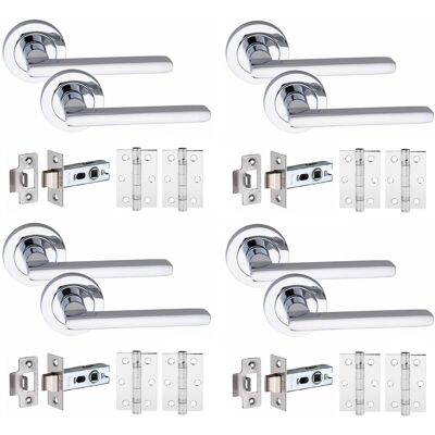 Golden Grace 4 Set Leon Door Handles Set Ball Bearing Hinges Latches Polished Chrome Finish Golden Grace 4 Set Leon Door Handles Set Ball Bearing Hinges Latches Polished Chrome Finish