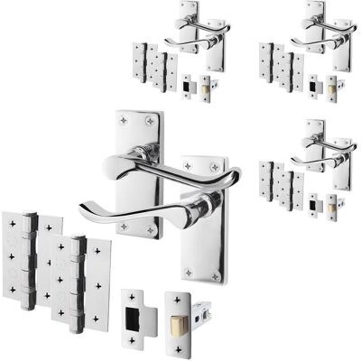 Sfh Polished Chrome Victorian Scroll Door Handle & Latch Set With Hinges 76mm 4 Pack Sfh Polished Chrome Victorian Scroll Door Handle & Latch Set With Hinges 76mm 4 Pack