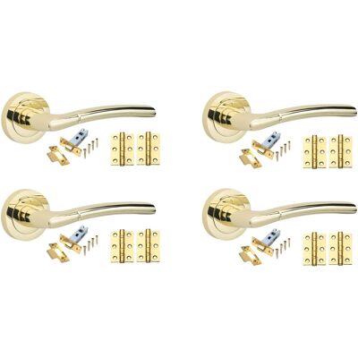 Golden Grace 4 Set Indiana Door Handles Set Ball Bearing Hinges Latches Polished Brass Finish Golden Grace 4 Set Indiana Door Handles Set Ball Bearing Hinges Latches Polished Brass Finish