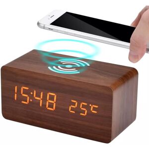 Led Wooden Digital Alarm Clock Qi Wireless Charging, Day Date Temperature Displa Led Wooden Digital Alarm Clock Qi Wireless Charging, Day Date Temperature Displa