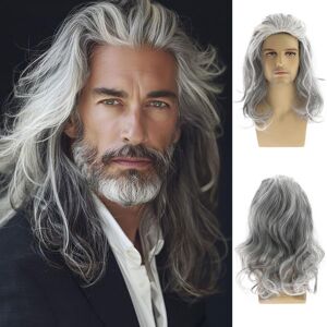 Dsimeig Long Wavy Grey Wigs For Men Synthetic Heat Resistant Cosplay Halloween Costume Dsimeig Long Wavy Grey Wigs For Men Synthetic Heat Resistant Cosplay Halloween Costume