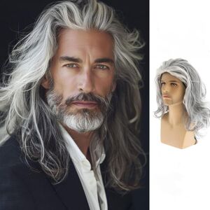 Qnbiar Long Wavy Grey Wigs For Men Synthetic Heat Resistant Cosplay Halloween Costume Qnbiar Long Wavy Grey Wigs For Men Synthetic Heat Resistant Cosplay Halloween Costume