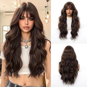Esmee Long Wavy Brown Wigs For Women With Fringe Natural Synthetic Hair Wig For Esmee Long Wavy Brown Wigs For Women With Fringe Natural Synthetic Hair Wig For