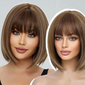 Emmor Brown Bob Wig With Bangs 13\" Short Bob Wigs For Women Heat Resistant Synt Emmor Brown Bob Wig With Bangs 13\" Short Bob Wigs For Women Heat Resistant Synt