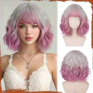 Sofeiyan Short Wavy Bob Wig With Bangs Women'S 30 Cm Pink-Purple Synthetic Wig Sofeiyan Short Wavy Bob Wig With Bangs Women'S 30 Cm Pink-Purple Synthetic Wig