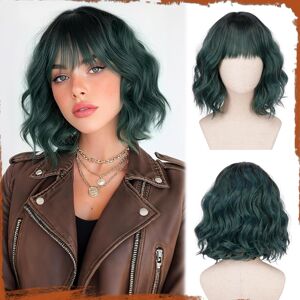 Sofeiyan Short Wavy Bob Wig With Bangs Women'S 30 Cm Dark Green Synthetic Wig F Sofeiyan Short Wavy Bob Wig With Bangs Women'S 30 Cm Dark Green Synthetic Wig F