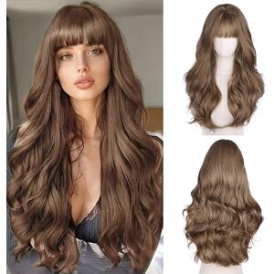 Fulang Hair Long Wave Brown Wigs For Women Long Curly Wigs With Bangs Synthetic Hair Heat R Fulang Hair Long Wave Brown Wigs For Women Long Curly Wigs With Bangs Synthetic Hair Heat R