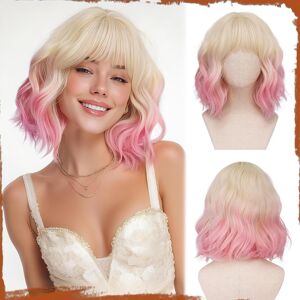 Sofeiyan Short Wavy Bob Wig With Bangs Women'S 30 Cm Creamy Gold Gradient Sweet Sofeiyan Short Wavy Bob Wig With Bangs Women'S 30 Cm Creamy Gold Gradient Sweet