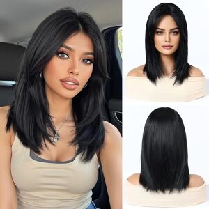 Esmee Short Straight Black Bob Wigs With Curtain Bangs Shoulder Length Natural Esmee Short Straight Black Bob Wigs With Curtain Bangs Shoulder Length Natural