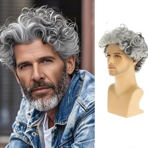 Qnbiar Short Culry Grey Wig For Men Short Wavy Cosplay Layered Wigs, Grey Mixed White Qnbiar Short Culry Grey Wig For Men Short Wavy Cosplay Layered Wigs, Grey Mixed White